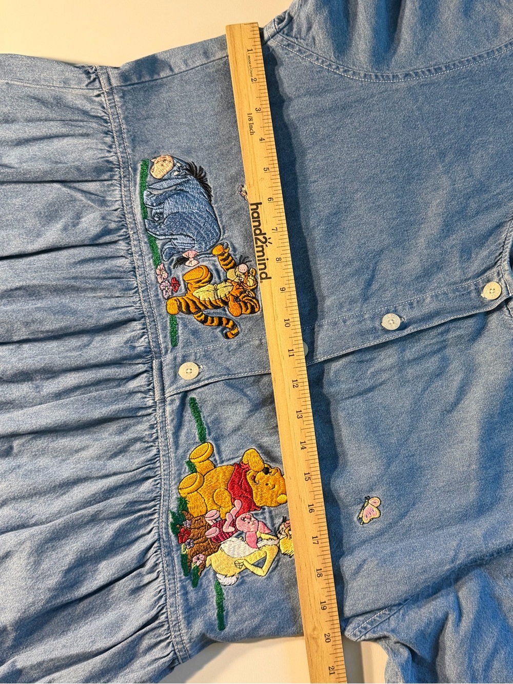 Disney | 90s Vintage Winnie the Pooh Embroidered Denim Maxi Dress Pockets Kid - Picture 9 of 11